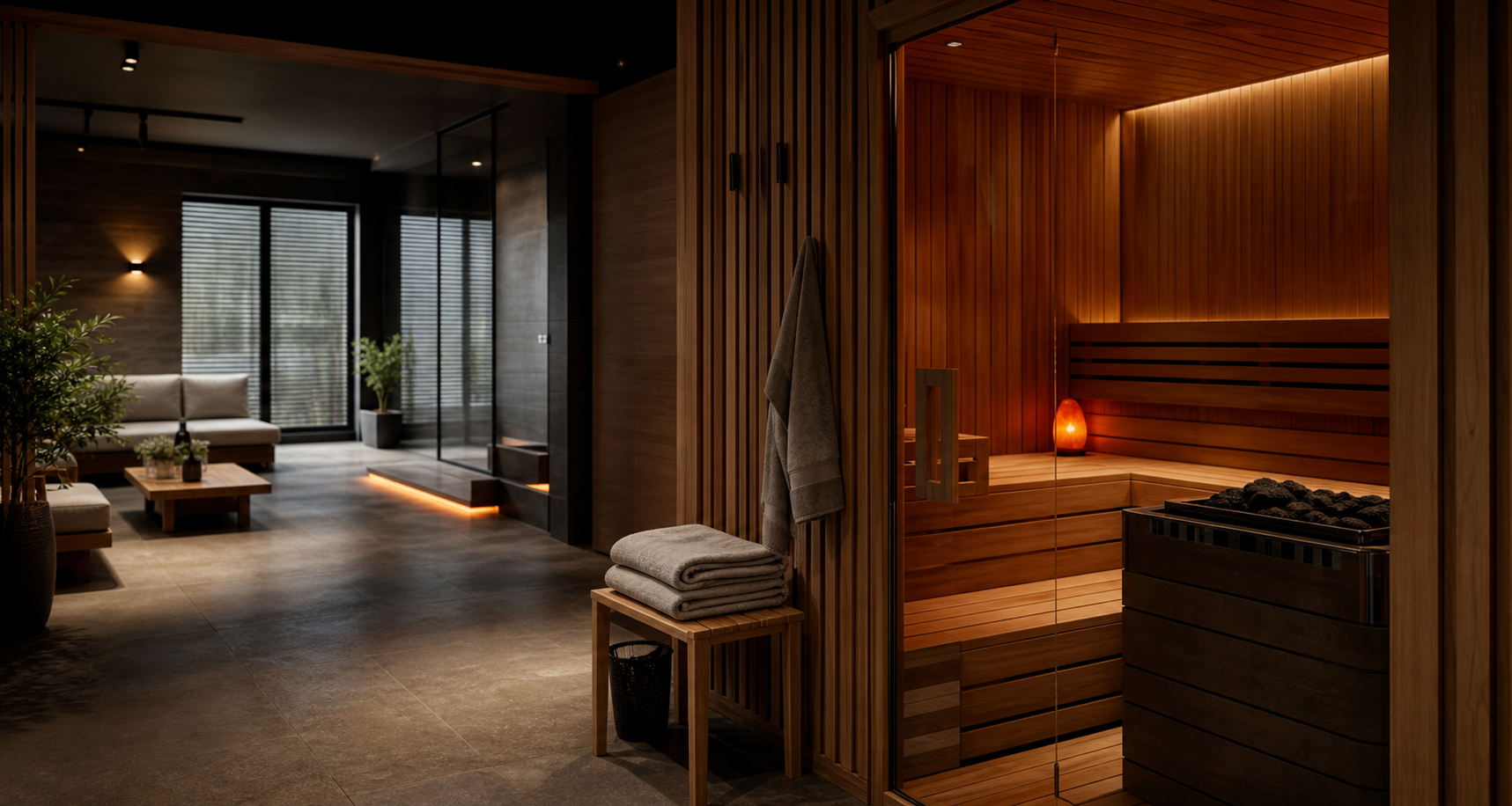 Warme Sauna und ruhiger Recovery-Bereich mit Holz, Handtüchern und indirektem Licht.